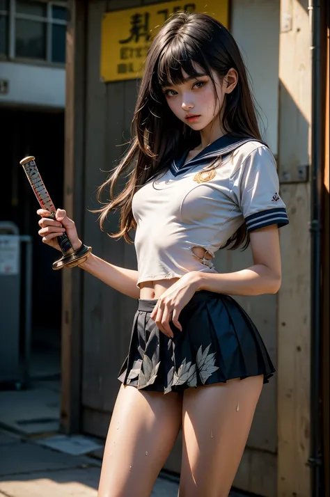 (masterpiece, top quality, best quality, official art, beautiful and aesthetic),  extreme detailed,colorful,highest detailed,(1girl,solo),18 year old beauty、Japanese、black hair,long hair,blunt bangs,black eyes,skinny,(slender body,small breasts,sweat:1.4),...