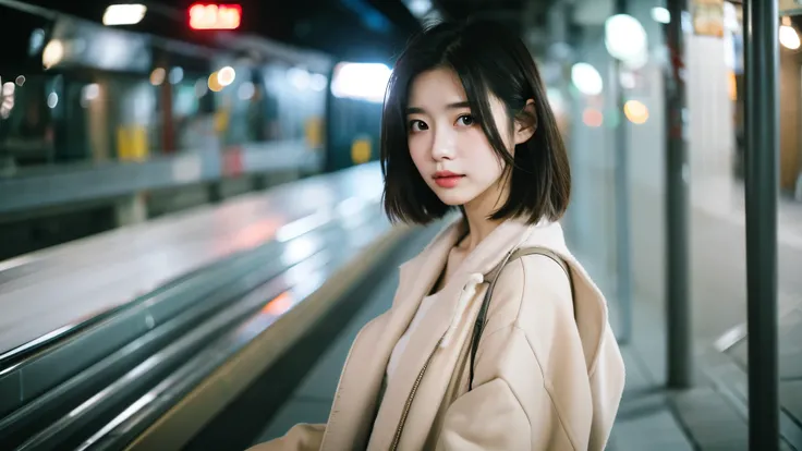 Cinematic Photo of a beautiful korean fashion model bokeh train