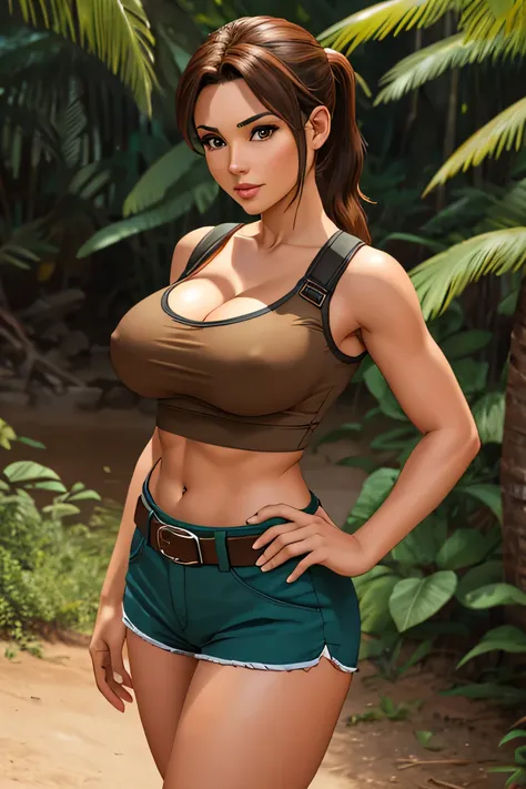 masterpiece, best quality, expressive eyes, perfect face, large breast, big breast, small waist, perfect figure, highly detailed, showing cleavage, brown eyes, large nipples, Brown hair, one pony tail, bangs, dressed as lara croft, full body portrait, shes...