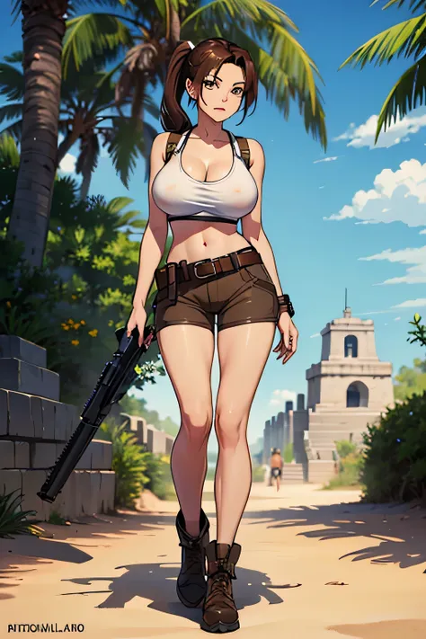 masterpiece, best quality, expressive eyes, perfect face, large breast, big breast, small waist, perfect figure, highly detailed, showing cleavage, brown eyes, large nipples, Brown hair, one pony tail, bangs, dressed as lara croft, full body portrait, shes...