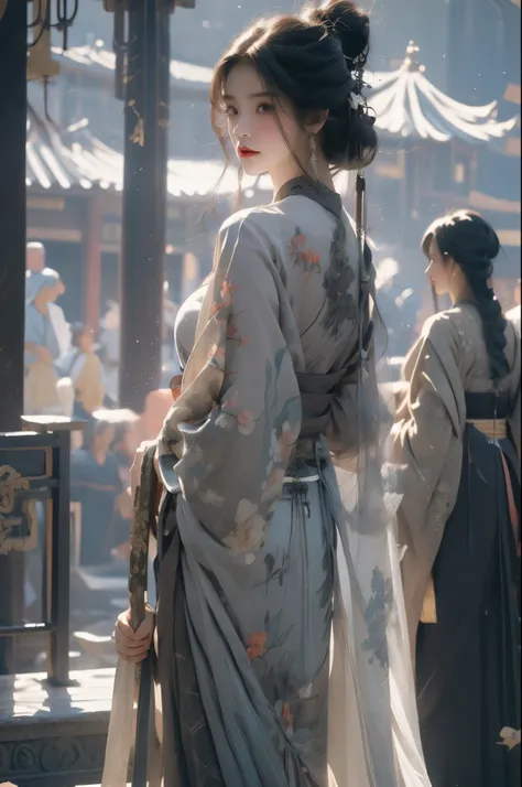 Best Quality, Masterpiece, Ultra High Resolution,(Realisticity:1.4), Original Photo, Cinematic Lighting, 1girl, 20 yo, solo, (stand up straight to reveal your long, slender thighs), medium breasts, (hand holding a long sword: 1), (a long sword:1), (Hanfu, ...