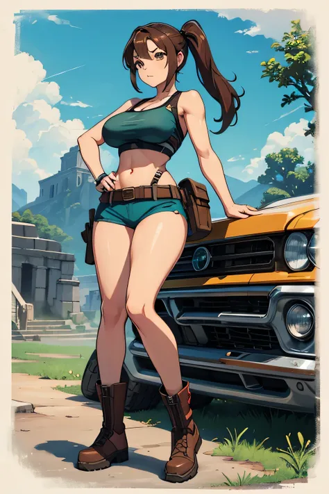 masterpiece, best quality, expressive eyes, perfect face, large breast, big breast, small waist, perfect figure, highly detailed, showing cleavage, brown eyes, large nipples, Brown hair, one pony tail, bangs, dressed as lara croft, full body portrait, brow...