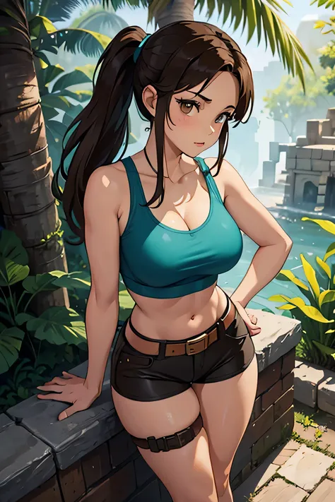 masterpiece, best quality, expressive eyes, perfect face, large breast, big breast, small waist, perfect figure, highly detailed, showing cleavage, brown eyes, large nipples, Brown hair, one pony tail, bangs, dressed as lara croft, full body portrait, brow...