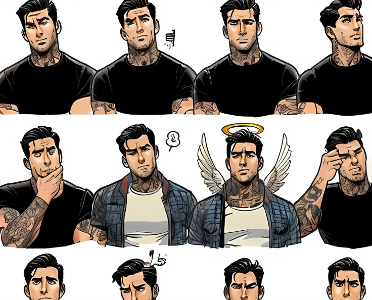 a close up of a cartoon of a man with many different facial expressions, john romita senior, archie comic style, epic comic book style, comic character design, comic styled, male character design, comic drawing style, frank cho, by Eddie Mendoza, rukis. co...