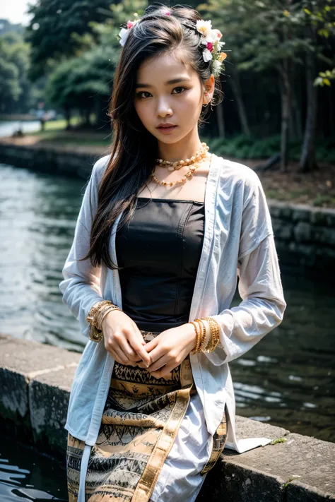 1 girl, solo, beautiful girl, pretty eyes and face, long hair, MMTD Burmese patterned traditional dress, pearl necklace and gold bracelets, standing, river background, dramatic light, golden hour setting, photo, realistic photo, masterpiece, best quality, ...