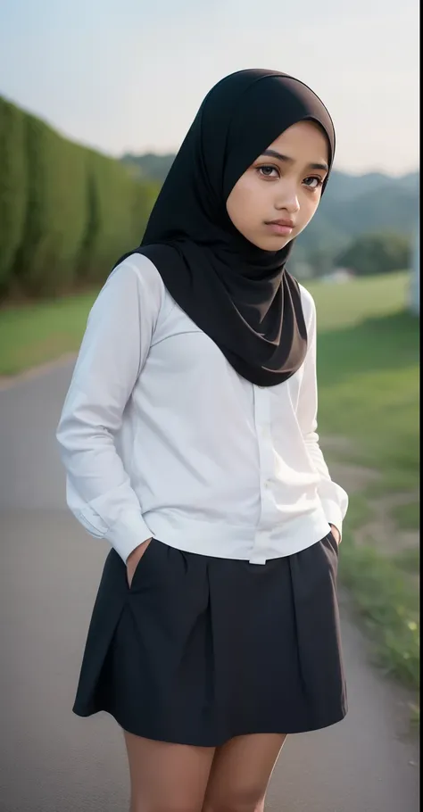 ((HIJAB MALAY GIRL)), ((masutepiece, Best Quality, hight resolution, nffsw, Perfect Pixel,  4K, nffsw, nffsw))), (The wind flipped my skirt and exposed my butt), Dark skin 12 years old little girl, Flat Chest