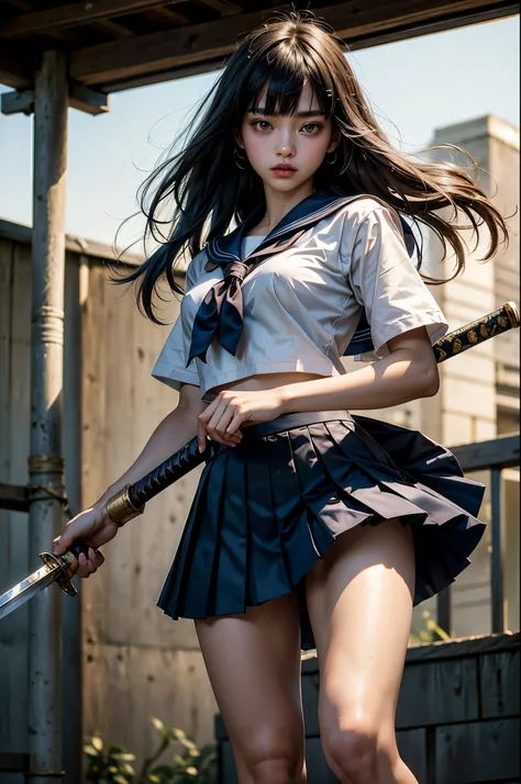 (masterpiece, top quality, best quality, official art, beautiful and aesthetic),  extreme detailed,colorful,highest detailed,(1girl,solo),18 year old beauty、Japanese、woman swordsman、black hair,long hair,blunt bangs,black eyes,skinny,(slender body,small bre...