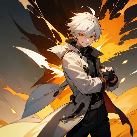 1boy, white hair, coat, fingerless gloves, belt, fire, grin, orange eyes, fighting pose, explosions