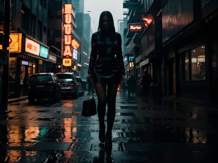 A sprawling city with towering skyscrapers outlined in neon lights. The streets are slick with rain, reflecting the vibrant colors of the signs. Shadows play across alleyways, where mysterious figures move in and out of the light. fantastic realism, dark c...