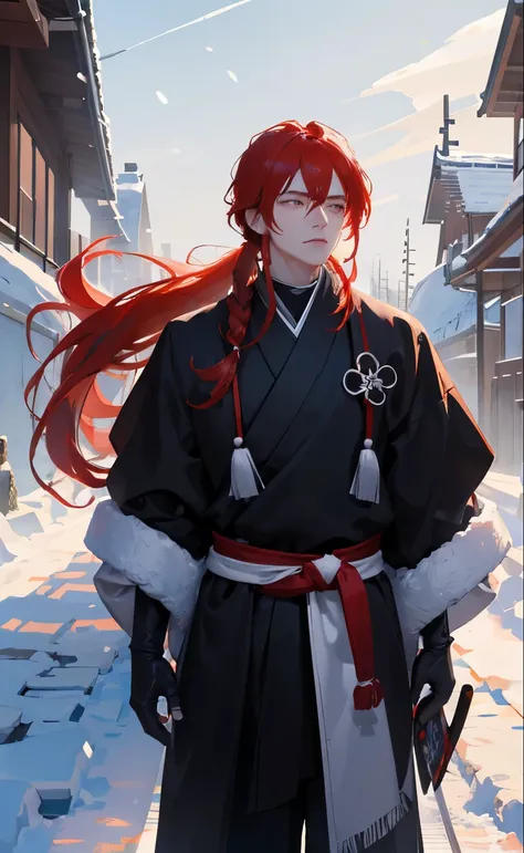 masterpiece, Best quality, 1boy, samurai, Long red hair, pony tail, winter, snow, snowing, snowflakes, volumetric lighting, Rim illumination