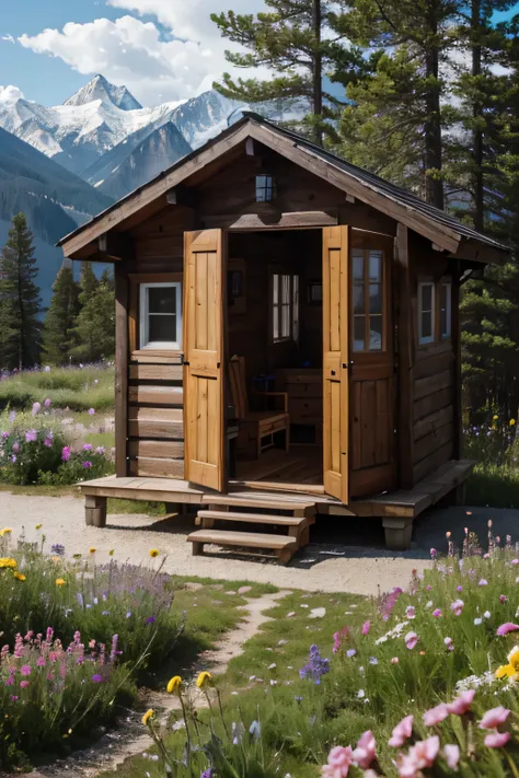 cabine in mountains with a lots of flowers