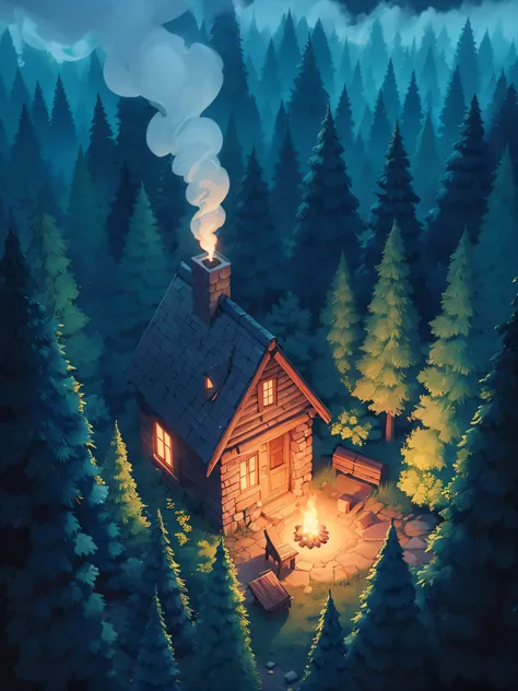 Draw an anime aerial simple art scene of small indian stone hut hidden in the canopy of dense pine forest, smoke coming out of chimney, foggy, late evening, single light bulb hanging outside, no human, vibrant color tones, dim light