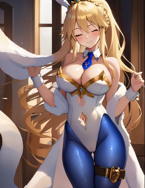 masterpiece, best quality, absurdres, soft lighting, looking at viewer, solo, light_smile, wink, one eye closed,
1girl, ahoge, rabbit ears, playboy bunny, artoria pendragon (swimsuit ruler) (fate), large breasts , blonde hair, green eyes, french braid,  po...