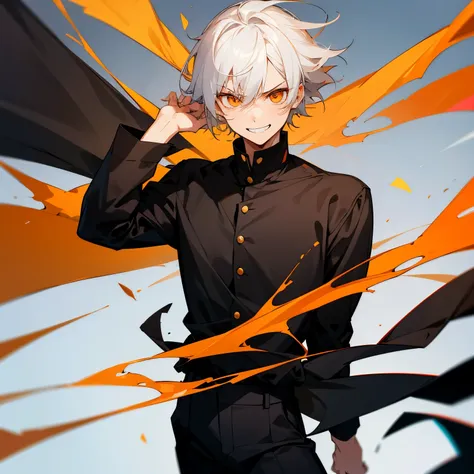 1boy, white hair, casual cloth, orange eyes, annoyed face, black shirt, black pants, grin