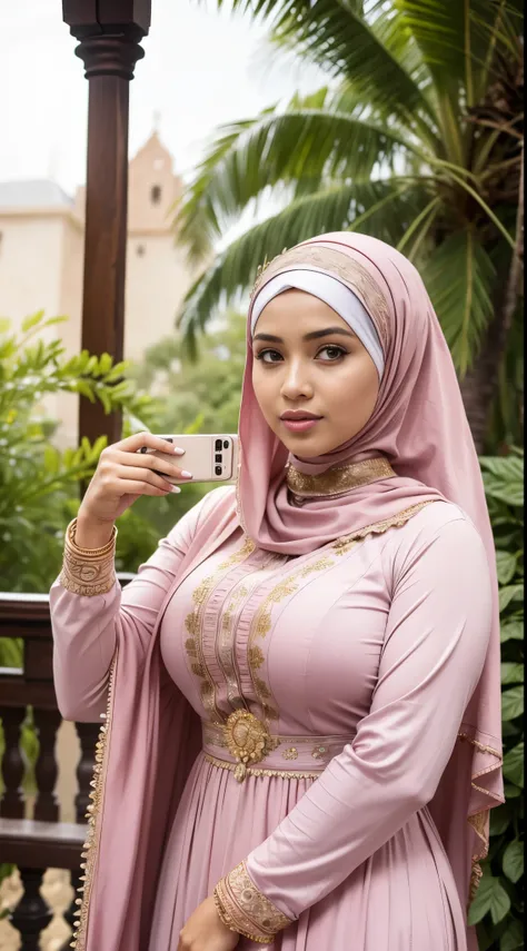 ( Close Up),RAW, Best quality, high resolution, masterpiece: 1.3), beautiful Malay woman in hijab,Masterpiece, perfect fit body, big breast,big gorgeous eyes, Soft smile,beutiful face,thick thighs, close up of a woman in a pink hijab taking a picture of he...