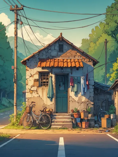 draw an anime simple art scene of an old indian stone hut at the end of road in village, cracked walls, wires, bicycle parked ou...