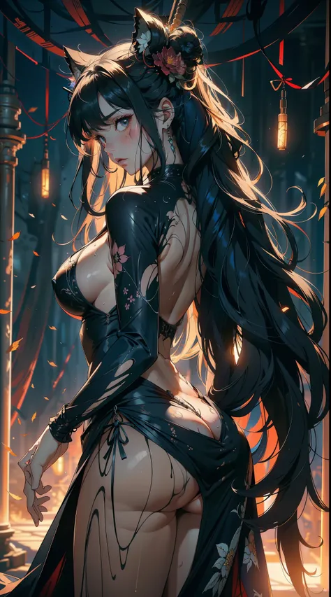 1female，36 years old，Huge breasts， 独奏， Transformers， Head flower，Sexually exposed cyberpunk，coniferous forest，  She has long flowing hair， Bare genitalia， standing on your feet，Bigchest，Wet straight hair，Sweat profusely，drenched all over the body， From the...