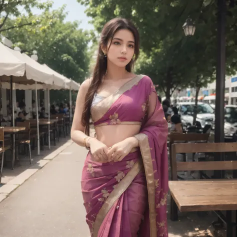 Indian model, standing near Mall parking bench,light purple colour embroidery saree, coffee shop , outdoor activities,eating chips,highly detailed,HDR 8k