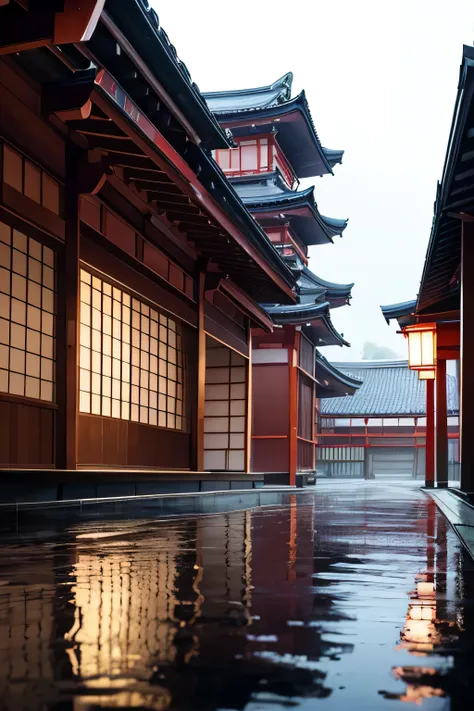 japanse architecture, rainy day, detailed, high contrast