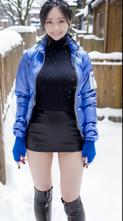 (In 8K、ultra high resolution、best quality、master piece、photorealistic、Ultra high definition)、(black turtleneck、Always wear a blue down jacket、Always wear a black micro miniskirt、Sticking Out Your Crotch、Panties in a skirt:1.28)(Always walk through snowy st...