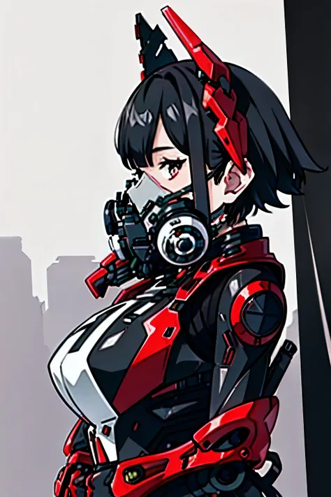 This is a CG Unity 8k wallpaper with ultra-detailed, high-resolution and top quality in cyberpunk style, dominated by black and red. In the picture, a beautiful girl with white messy short hair, a delicate face, wearing a steam mecha mask, standing on the ...