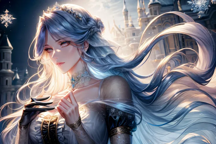 shoujo-style, frostedstyle, (romance manhwa), 1girl, cyan hair, solo, long hair, frozen, ice, crystalline, dress, tiara, white dress, gloves, long sleeves, choker, blue eyes, mascara, makeup, elbow gloves, bow, floating hair, bra, jewelry, looking at viewe...