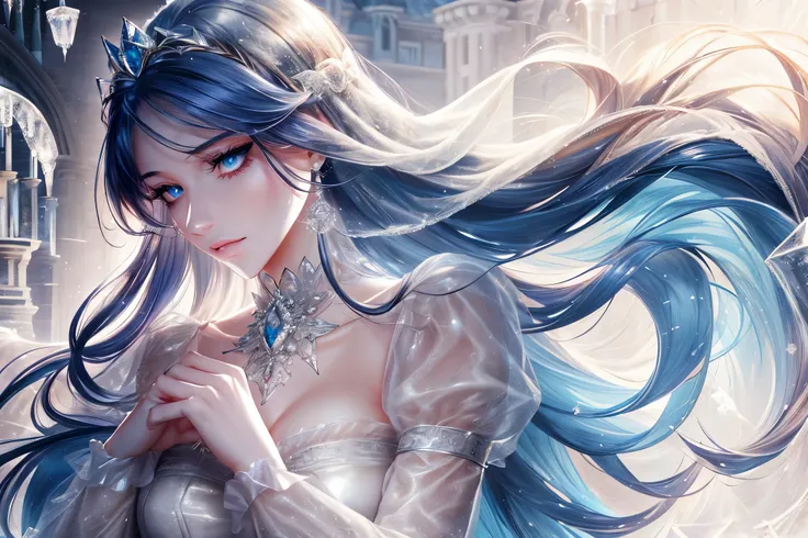 shoujo-style, frostedstyle, (romance manhwa), 1girl, cyan hair, solo, long hair, frozen, ice, crystalline, dress, tiara, white d...