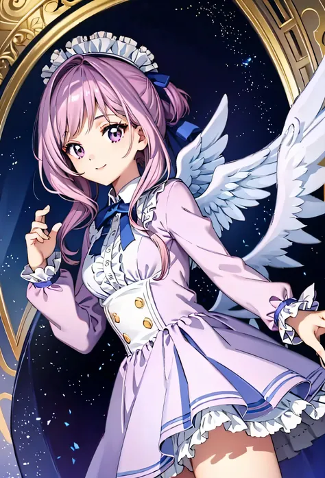 Angel wings shine with seven colors, Kawaii girl, Charming smile, Purple long hair, Double tail, Colorful Frilly Lolita Angel Costume, ((top quality)),((masterpiece)), (very detailed, highest detail, official art, Beautiful aesthetics: 1.2)