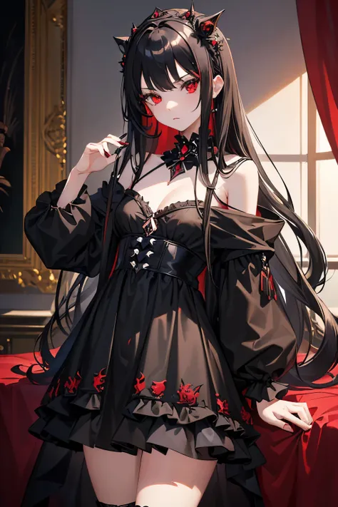 (Masterpiece), very detailed, 1 girl, teenager girl, long black hair with bangs, round red eyes, black gothic dress, (black hair:1.5), (red eyes, crystal eyes:1.3), room with red-gold-black color, lot of sweets, (small breast:1.3), looking at viewer, (vill...