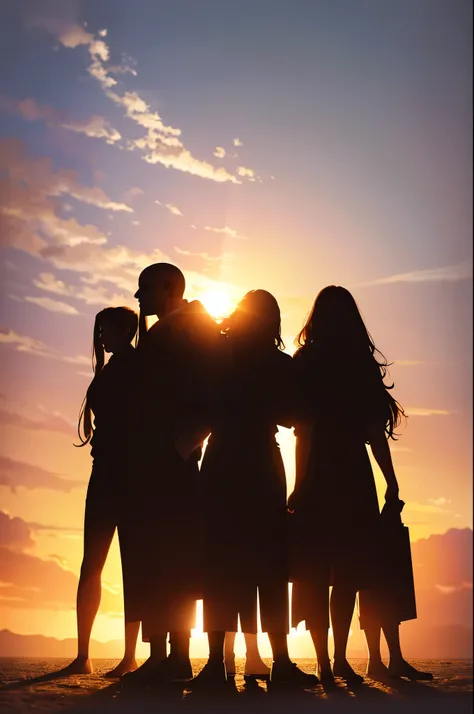 Portrait silhouette，Backlight，the setting sun， Photorealism, hyper-realistic, orante, Super detailed, complex, dramatic, Sunset lighting, shadow, high dynamic range，work