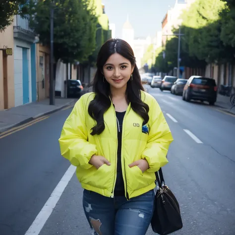 Chica gordita caminando en la calle 