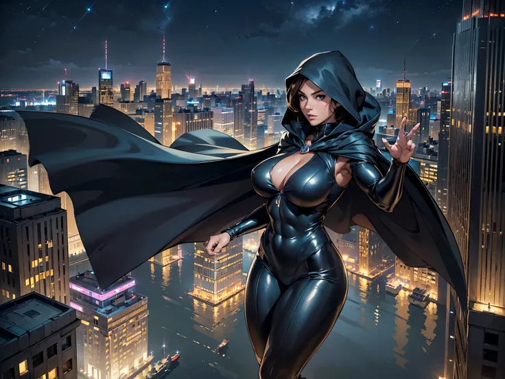 ((masterpiece,highest quality,8K,Super detailed,high resolution,High resolution)),(1 girl),(Heroine wearing American comic style high leg bodysuit:1.3),(wearing a cloak:1.3),whole body, floating softly in the air, (floating higher than the building:1.5),(F...