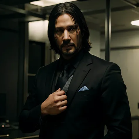 Make john wick a gaming character , hyper realistic , black suit, his dog, realistic lighting, make the background more gaming related, game like realism