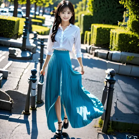 blue pleated long skirt　15 years old　Voyeurism　I can see my pants