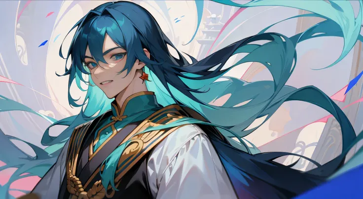 斗罗Tang San，Crooked grin，grace，light blue long hair，Aqua blue long hair，tall male，handsome boy，tall young man，Two dimensions，Chinese style，Tang San，