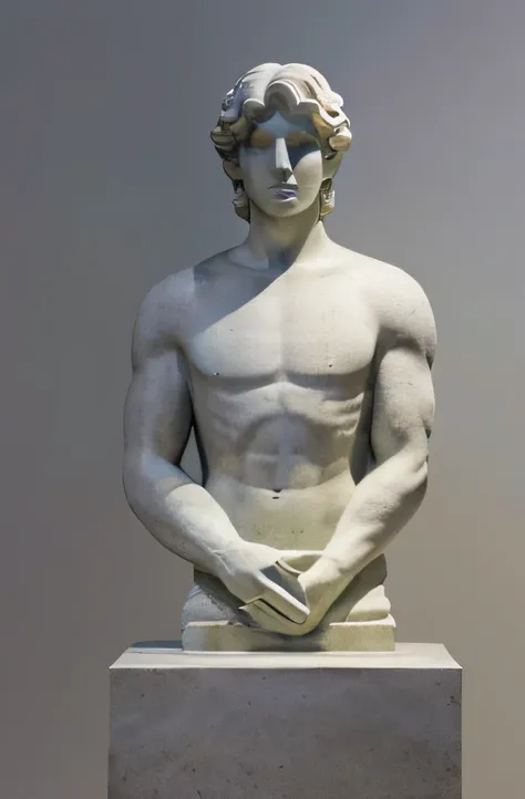 (Front view, wide shot, half body photo), (Male stone statue), (gray background, gray almost white)