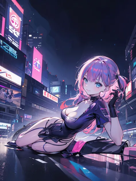 in the open city，blue purple racing car，looking down，wide angle，Girl outside racing car，girl in the middle，pink hair，Smile，cyberpunk，better quality, high resolution, 8K, Detailed line art, digital enhancement, close up, anime core