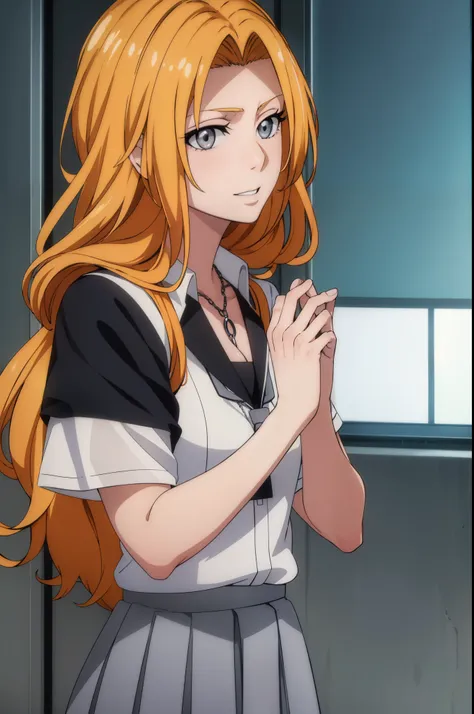 rangikumatsumoto, rangiku matsumoto, long hair, (grey eyes:1.5), orange hair, mole, mole under mouth, parted bangs, smile,
break...