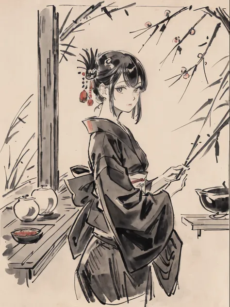 Draw a Japanese texture、He also created black and white woodblock prints using ink.. Early Showa period, she was about 32 years old, Eta、She was a woman with no strong self-esteem in kimono and kappo kimono. Radishes are cut in an old kitchen. You can also...