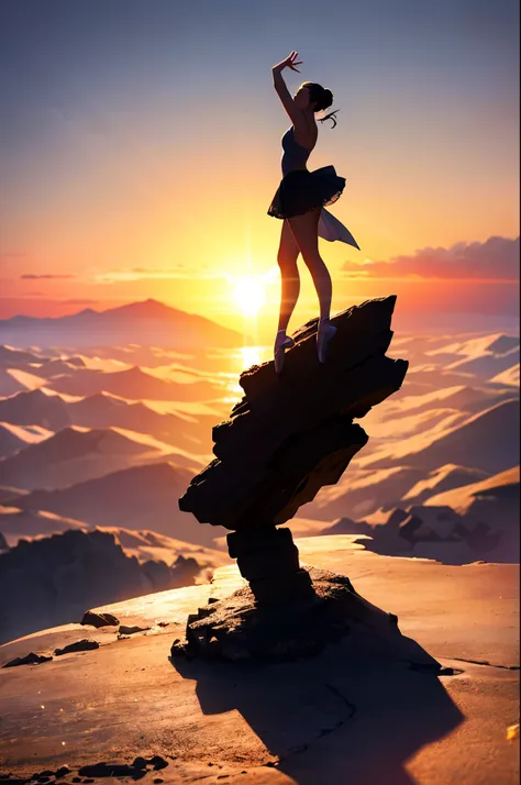 ballet girl on top of mountain，（（silhouette）），Backlight， Photorealism, hyper-realistic, orante, Super detailed, Sunset lighting, shadow, high dynamic range，work