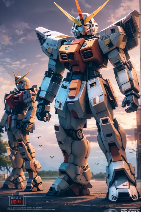 Huge Gundam，（（silhouette）），Backlight， Photorealism, hyper-realistic, orante, Super detailed, Sunset lighting, shadow, high dynamic range，work