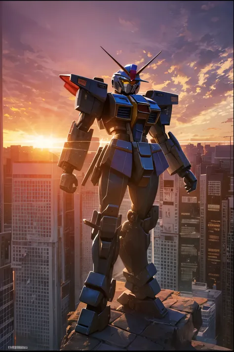 Huge Gundam，（（silhouette）），Backlight， Photorealism, hyper-realistic, orante, Super detailed, Sunset lighting, shadow, high dynamic range，work