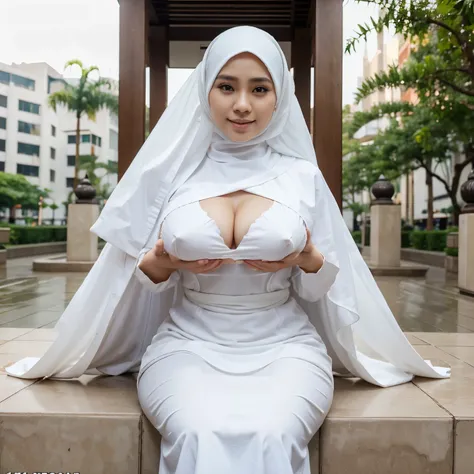 27-Years-Old, Hijab Beautiful Indonesian Woman, Gamis, White Skin Like Porcelain, at City Garden, Realistic Ultra Gigantic Breast : 46.9,realistic wrinkels body, PP cup Breast, Seducting Look, Soft Smiling.