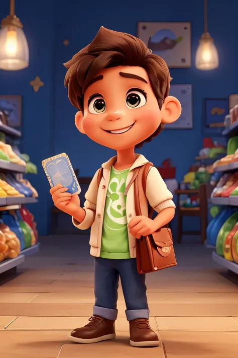 "Draw an adorable Disney-style character holding a credit card with a beaming smile on his face. The character must be excited and express joy while holding the card with one hand and making a happy gesture with the other. Make sure to include vivid detail...