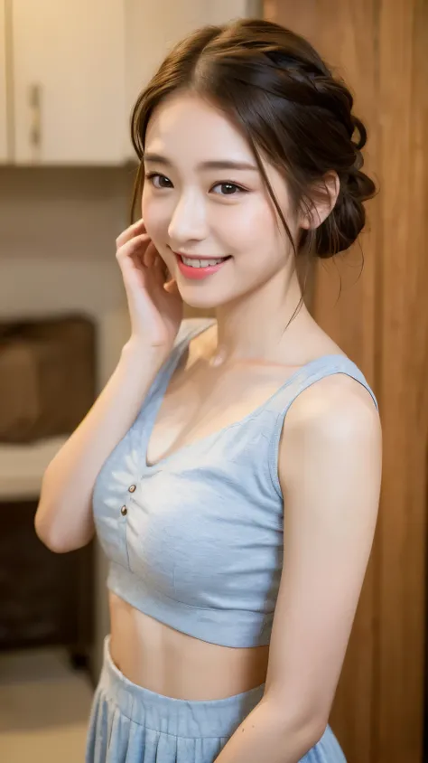 ((Best Quality, 8K, Masterpiece: 1.3)), 1girl, Slim Abs Beauty: 1.3, (Casual hairstyle, No Leaky Chest: 1.2), Dress: 1.1, Super fine face, Delicate eyes, Double eyelids, smile, homely