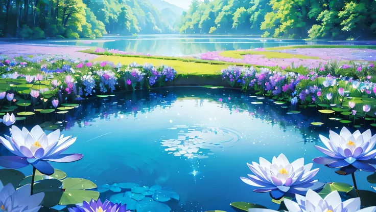 (digital art of) (blue spring) (ultraviolet light, bright color of blue, High resolution),(Background without humans),(landscape:0.9),(blue tone),(soft lighting),(dreamy atmosphere),(romantic mood),water lily、(beautiful blue detailed flowers),(reflective w...