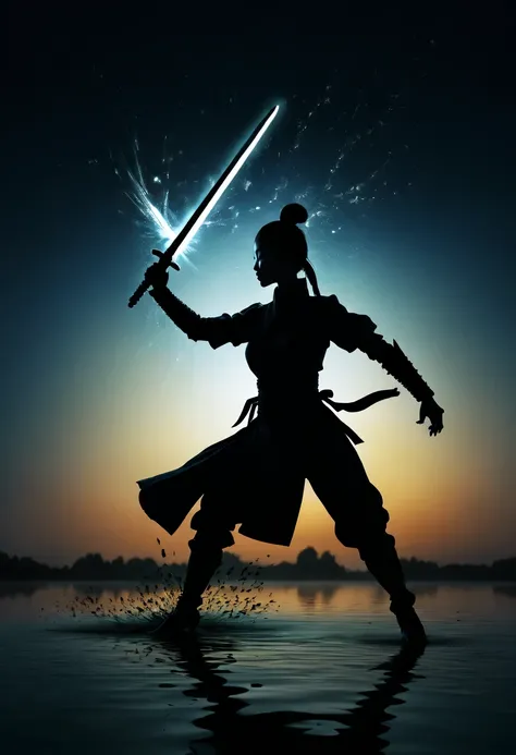 (纯Black silhouette,Silhouette of heroine dancing sword:1.5),Glowing sword,(Fighting posture，强dyna姿势:1.4),on  the lake，high contrast, movie lighting, Enigmatic Atmosphere,，lotus flower，Lotus leaf，corrugation，(water splash;1.4)，a moon，dyna，swordsman，Kungfu，B...