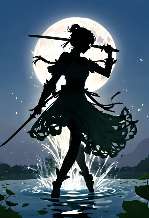 (纯Black silhouette,Silhouette of heroine dancing sword:1.5),Glowing sword,(Fighting posture，强dyna姿势:1.4),on  the lake，high contrast, movie lighting, Enigmatic Atmosphere,，lotus flower，Lotus leaf，corrugation，(water splash;1.4)，a moon，dyna，swordsman，Kungfu，B...