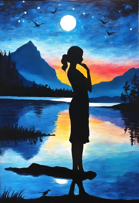 midnight，Silhouette of 1girl standing elegantly by the tranquil lake,extremely delicate and beautiful,masterpiece,best quality,painting