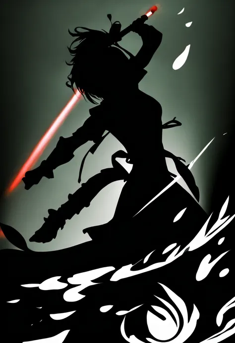 (纯black silhouette,silhouette of heroine dancing sword:1.5),glowing sword,(fighting posture，强dyna姿势:1.4),on  the lake，high contr...